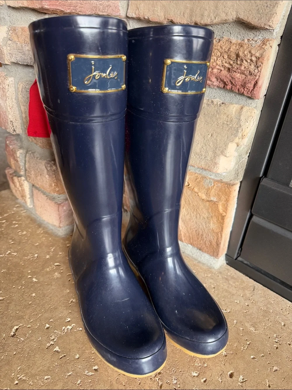 Joules Gloss Navy Tall Rain Boots with Gold Plaque Red Bows Gold Interior sz 7